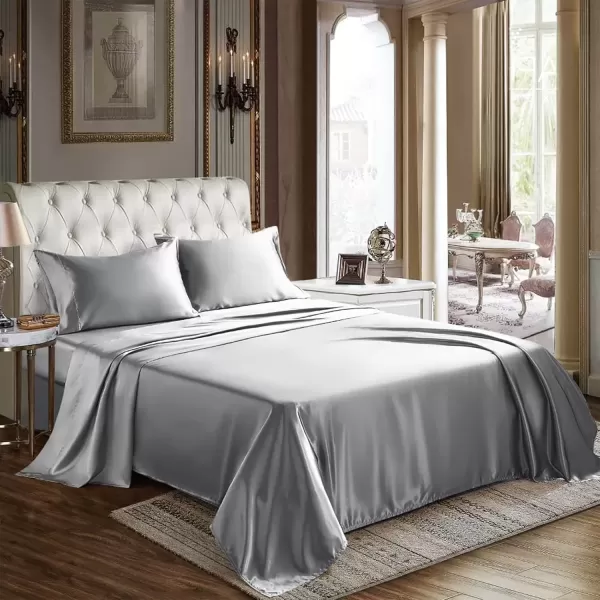 imageCozyLux Satin Sheets Queen Size  4 Piece Black Bed Sheet Set with Silky Microfiber 1 Deep Pocket Fitted Sheet 1 Flat Sheet and 2 Pillowcases  Smooth and SoftLight Grey