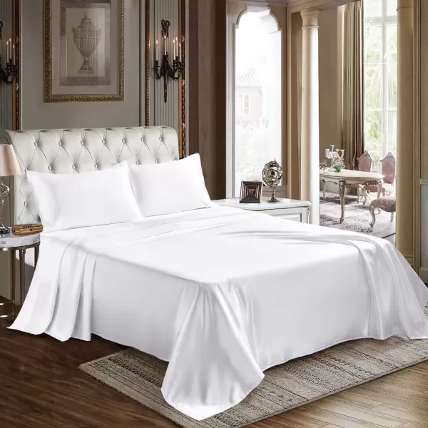 imageCozyLux Satin Sheets Queen Size  4 Piece Black Bed Sheet Set with Silky Microfiber 1 Deep Pocket Fitted Sheet 1 Flat Sheet and 2 Pillowcases  Smooth and SoftWhite