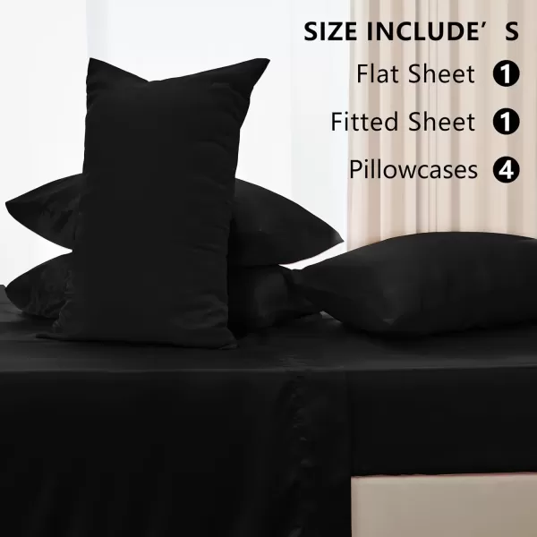 imageCozyLux Satin Sheets Queen Size  4 Piece Black Bed Sheet Set with Silky Microfiber 1 Deep Pocket Fitted Sheet 1 Flat Sheet and 2 Pillowcases  Smooth and SoftBlack