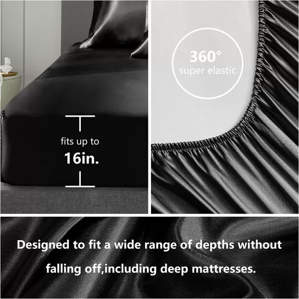 imageCozyLux Satin Sheets Queen Size  4 Piece Black Bed Sheet Set with Silky Microfiber 1 Deep Pocket Fitted Sheet 1 Flat Sheet and 2 Pillowcases  Smooth and SoftBlack