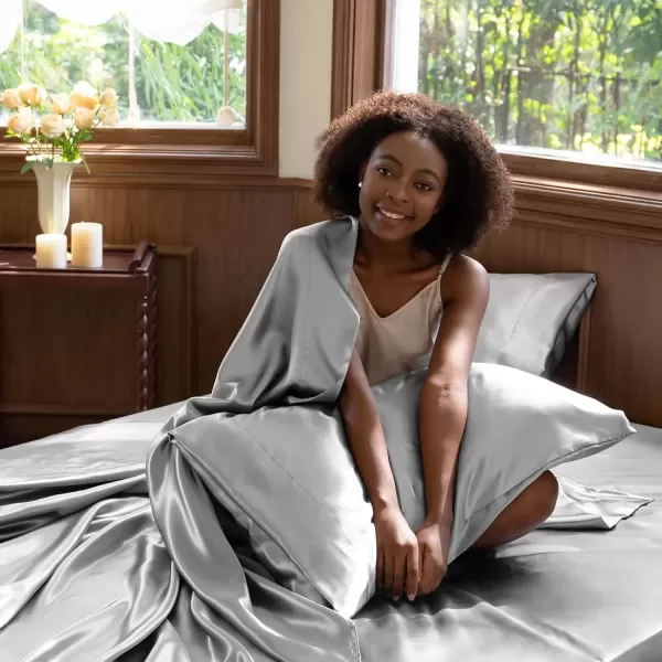 imageCozyLux Satin Sheets Queen Size  4 Piece Black Bed Sheet Set with Silky Microfiber 1 Deep Pocket Fitted Sheet 1 Flat Sheet and 2 Pillowcases  Smooth and SoftLight Grey