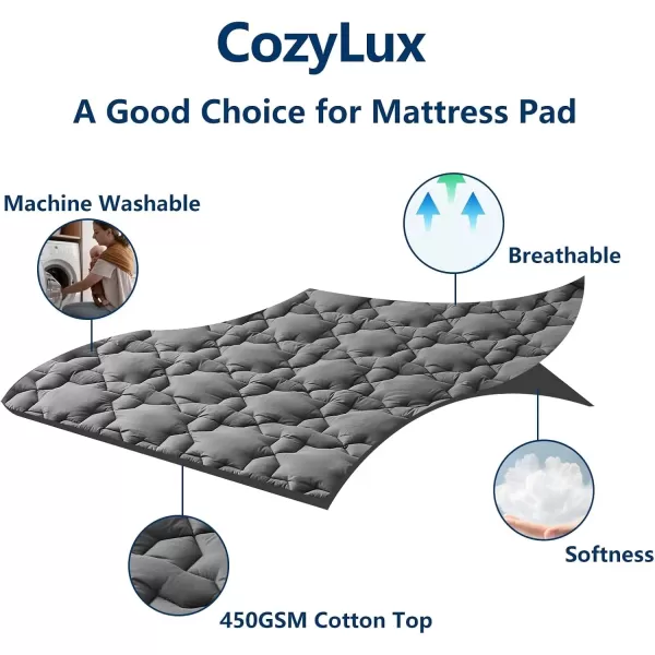 imageCozyLux Twin Mattress Pad Deep Pocket Non Slip Cotton Mattress Topper Breathable and Soft Quilted Fitted Mattress Cover Up to 18quot Thick Pillowtop 450GSM Bed Mattress Pad WhiteDark Grey