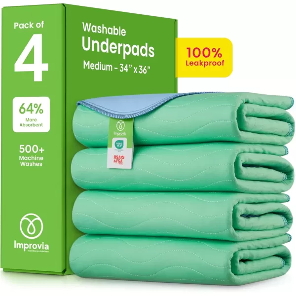 imageIMPROVIA Washable Underpads 34quot x 36quot Pack of 4  Heavy Absorbency Reusable Bedwetting Incontinence Pads for Kids Adults Elderly and Pets  Waterproof Protective Pad for Bed Couch Sofa Floor4 Pack  34x36