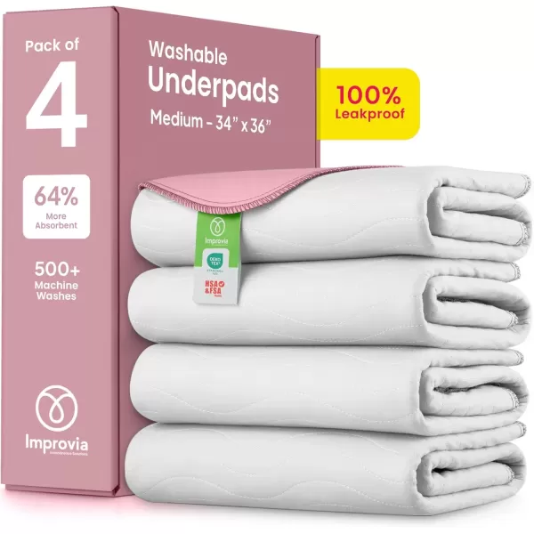 imageIMPROVIA Washable Underpads Heavy Absorbency Reusable Incontinence Pads for Kids Adults Elderly and Pets  Waterproof Protection Floor White ampamp Pink 4 Pack  18x244 Pack 34x36