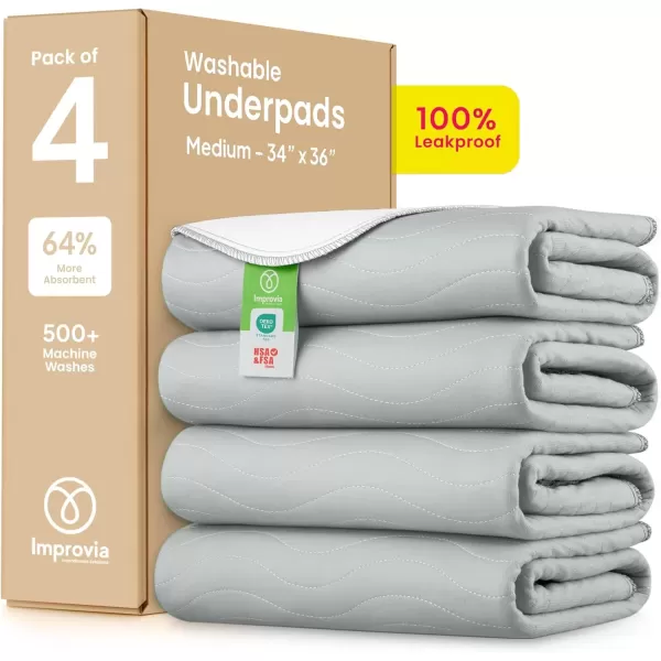 imageIMPROVIA Washable Underpads Heavy Absorbency Reusable Incontinence Pads for Kids Adults Elderly and Pets  Waterproof Protection for Bed Sofa Furniture Floor Gray ampamp White 4 Pack  34x364 Pack  34x36