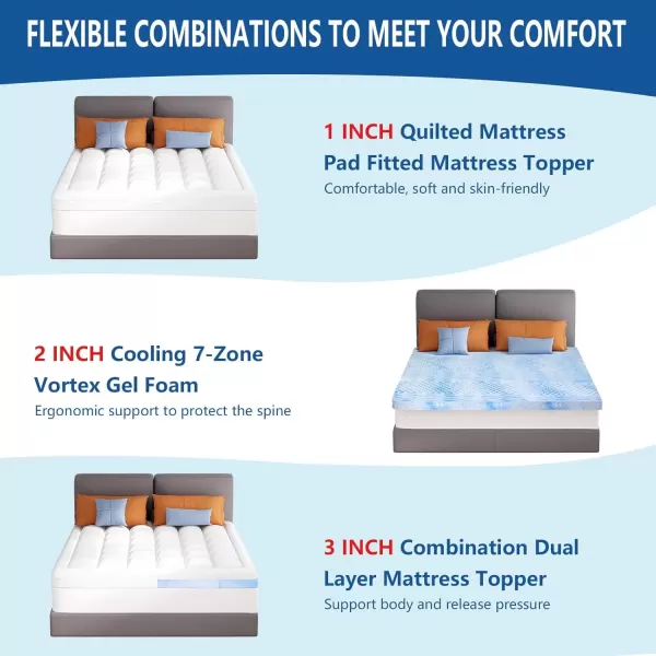 imageKAYFIA Dual Layer 3 Inch Memory Foam Mattress Topper Full 2 Inch Cooling 7Zone Gel Memory Foam Plus 1 Inch Down Alternative Pillow Top Mattress Topper with Deep Pocket Support for Back Pain ReliefWhite