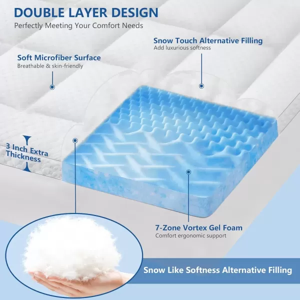 imageKAYFIA Dual Layer 3 Inch Memory Foam Mattress Topper Full 2 Inch Cooling 7Zone Gel Memory Foam Plus 1 Inch Down Alternative Pillow Top Mattress Topper with Deep Pocket Support for Back Pain ReliefWhite
