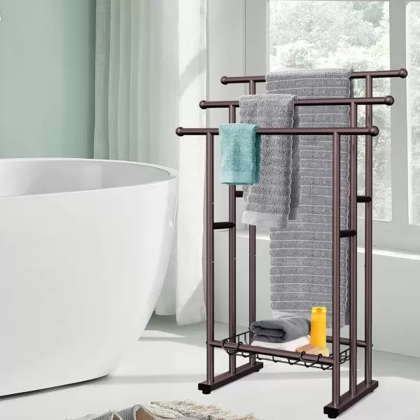 imageKayfia 40quot H Free Standing Towel Rack 3 Tier Alloy Steel Stand with Basket Blanket Drying and Display Rack for Oversized Bath Towels Bathroom Accessories Next to Tub or Shower BlackBronze
