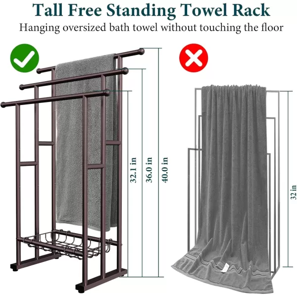 imageKayfia 40quot H Free Standing Towel Rack 3 Tier Alloy Steel Stand with Basket Blanket Drying and Display Rack for Oversized Bath Towels Bathroom Accessories Next to Tub or Shower BlackBronze