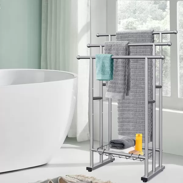 imageKayfia 40quot H Free Standing Towel Rack 3 Tier Alloy Steel Stand with Basket Blanket Drying and Display Rack for Oversized Bath Towels Bathroom Accessories Next to Tub or Shower BlackGrey