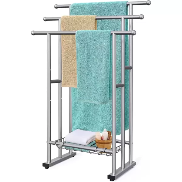 imageKayfia 40quot H Free Standing Towel Rack 3 Tier Alloy Steel Stand with Basket Blanket Drying and Display Rack for Oversized Bath Towels Bathroom Accessories Next to Tub or Shower BlackGrey