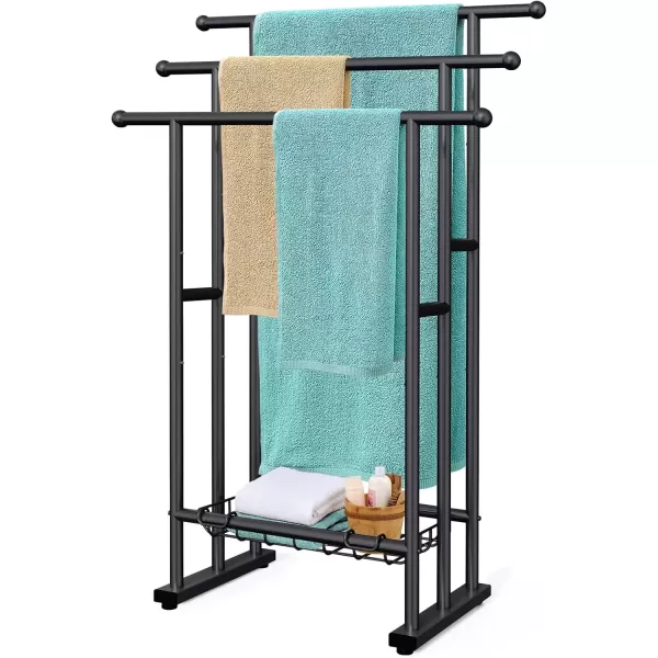 imageKayfia 40quot H Free Standing Towel Rack 3 Tier Alloy Steel Stand with Basket Blanket Drying and Display Rack for Oversized Bath Towels Bathroom Accessories Next to Tub or Shower BlackBlack