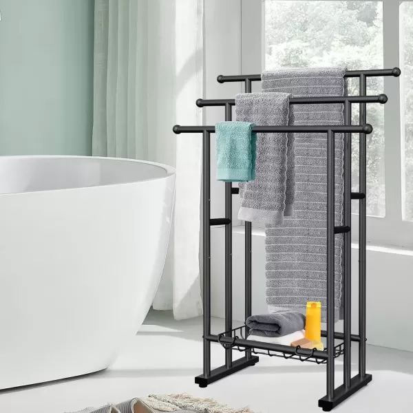 imageKayfia 40quot H Free Standing Towel Rack 3 Tier Alloy Steel Stand with Basket Blanket Drying and Display Rack for Oversized Bath Towels Bathroom Accessories Next to Tub or Shower BlackBlack