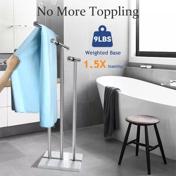 imageKayfia 40quot Standing Towel Rack with Weighted Marble Base Width Adjustable ampamp Taller Bathroom Towel Rack Stand 2Tier Towel Racks for Bathroom Multiple Spaces Stainless Steel Brushed Finish3 Tiers