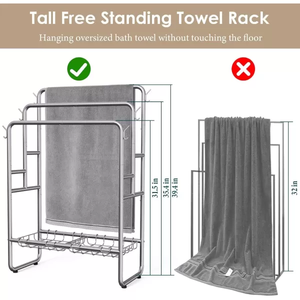 imageKayfia 40quot Tall Standing Towel Racks 3 Tier Towel Stand Blanket Rack with 2 Removable Storage Baskets ampamp 6 Hooks Indoor Outdoor Freestanding Towel Racks for Bathroom Bedroom Organizer Metal BlackGray