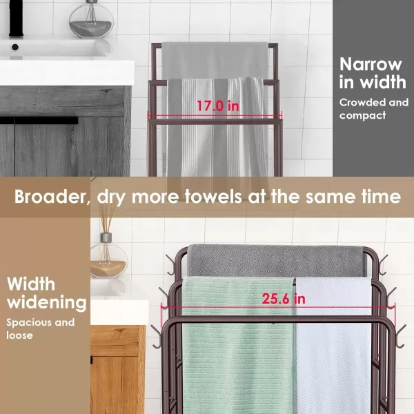imageKayfia 40quot Tall Standing Towel Racks 3 Tier Towel Stand Blanket Rack with 2 Removable Storage Baskets ampamp 6 Hooks Indoor Outdoor Freestanding Towel Racks for Bathroom Bedroom Organizer Metal BlackBronze