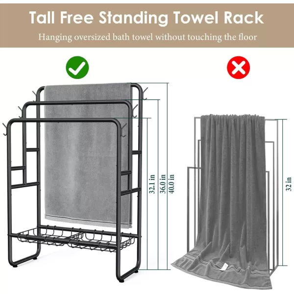 imageKayfia 40quot Tall Standing Towel Racks 3 Tier Towel Stand Blanket Rack with 2 Removable Storage Baskets ampamp 6 Hooks Indoor Outdoor Freestanding Towel Racks for Bathroom Bedroom Organizer Metal BlackBlack