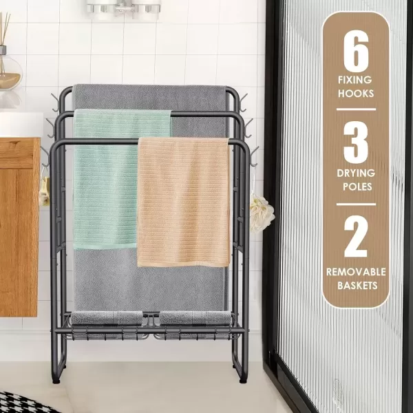 imageKayfia 40quot Tall Standing Towel Racks 3 Tier Towel Stand Blanket Rack with 2 Removable Storage Baskets ampamp 6 Hooks Indoor Outdoor Freestanding Towel Racks for Bathroom Bedroom Organizer Metal BlackBlack
