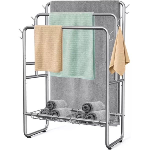 imageKayfia 40quot Tall Standing Towel Racks 3 Tier Towel Stand Blanket Rack with 2 Removable Storage Baskets ampamp 6 Hooks Indoor Outdoor Freestanding Towel Racks for Bathroom Bedroom Organizer Metal BlackGray