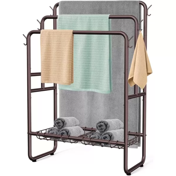 imageKayfia 40quot Tall Standing Towel Racks 3 Tier Towel Stand Blanket Rack with 2 Removable Storage Baskets ampamp 6 Hooks Indoor Outdoor Freestanding Towel Racks for Bathroom Bedroom Organizer Metal BlackBronze