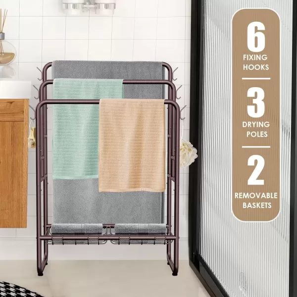 imageKayfia 40quot Tall Standing Towel Racks 3 Tier Towel Stand Blanket Rack with 2 Removable Storage Baskets ampamp 6 Hooks Indoor Outdoor Freestanding Towel Racks for Bathroom Bedroom Organizer Metal BlackBronze