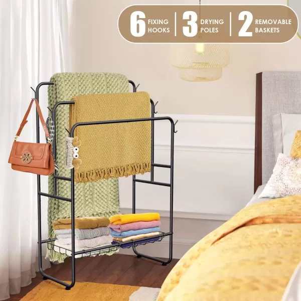 imageKayfia 40quot Tall Standing Towel Racks 3 Tier Towel Stand Blanket Rack with 2 Removable Storage Baskets ampamp 6 Hooks Indoor Outdoor Freestanding Towel Racks for Bathroom Bedroom Organizer Metal BlackBlack