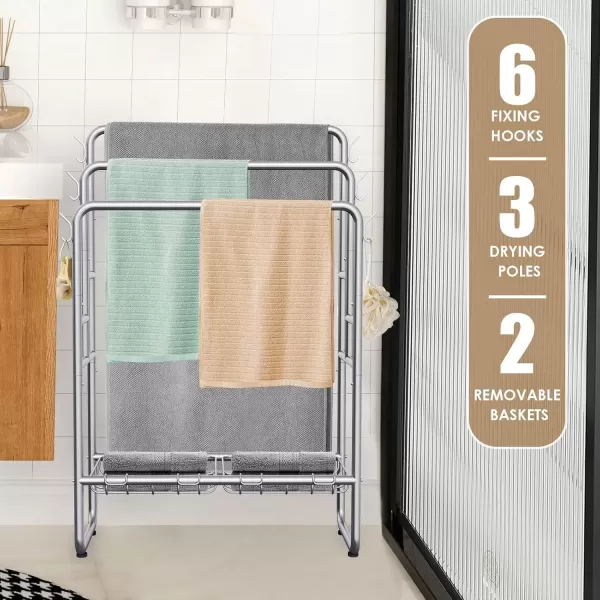 imageKayfia 40quot Tall Standing Towel Racks 3 Tier Towel Stand Blanket Rack with 2 Removable Storage Baskets ampamp 6 Hooks Indoor Outdoor Freestanding Towel Racks for Bathroom Bedroom Organizer Metal BlackGray