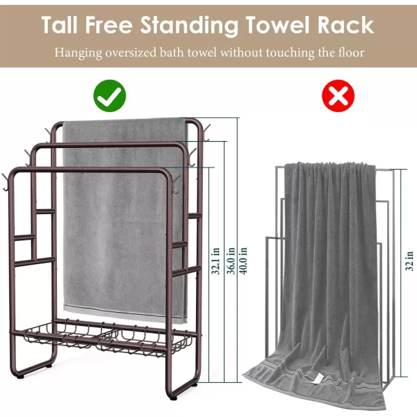 imageKayfia 40quot Tall Standing Towel Racks 3 Tier Towel Stand Blanket Rack with 2 Removable Storage Baskets ampamp 6 Hooks Indoor Outdoor Freestanding Towel Racks for Bathroom Bedroom Organizer Metal BlackBronze