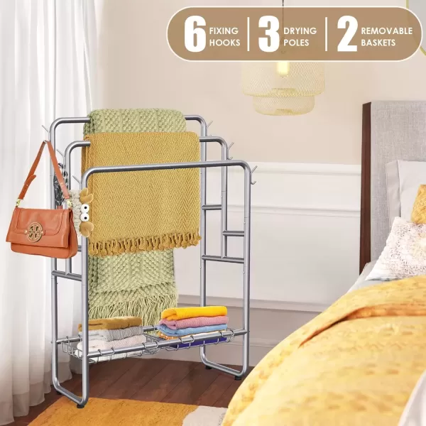 imageKayfia 40quot Tall Standing Towel Racks 3 Tier Towel Stand Blanket Rack with 2 Removable Storage Baskets ampamp 6 Hooks Indoor Outdoor Freestanding Towel Racks for Bathroom Bedroom Organizer Metal BlackGray