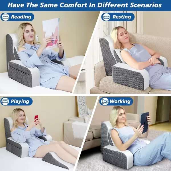 imageKayfia Reading Pillow for Sitting up 4 in 1 Backrest Pillow with Detachable Arms Rest Bed Rest Pillow with Gel Memory Foam Back Pillow for ReadingGamingWorking in Bed or Couch 19quot Grey White
