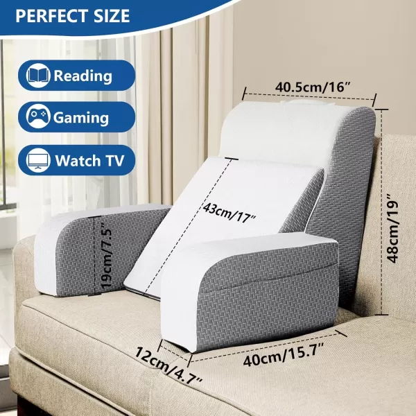 imageKayfia Reading Pillow for Sitting up 4 in 1 Backrest Pillow with Detachable Arms Rest Bed Rest Pillow with Gel Memory Foam Back Pillow for ReadingGamingWorking in Bed or Couch 19quot Grey White