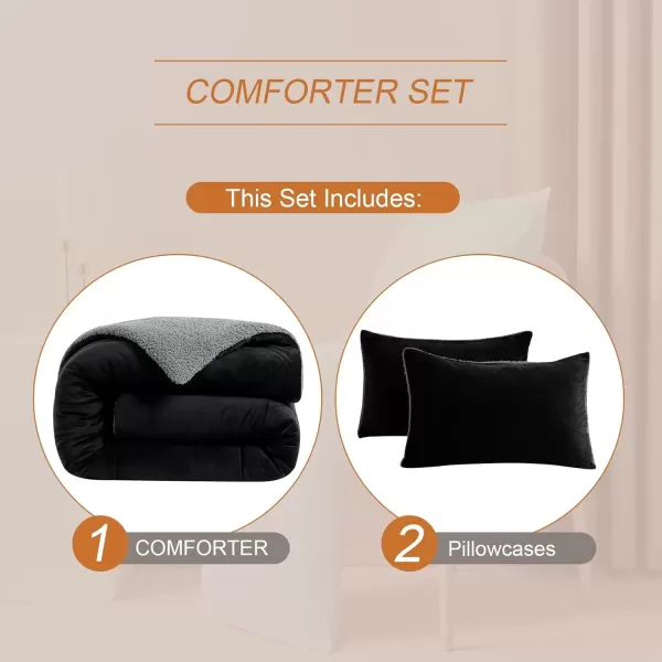 imageMERITLIFE California King Micromink Sherpa Comforter 3 Piece Bed SetComforter Set Warm ampamp Cozy Fleece Bedding Comforters ampamp Sets2 PillowcasesDoubleSidedMachine WashableBlack  Grey96quotx104quot