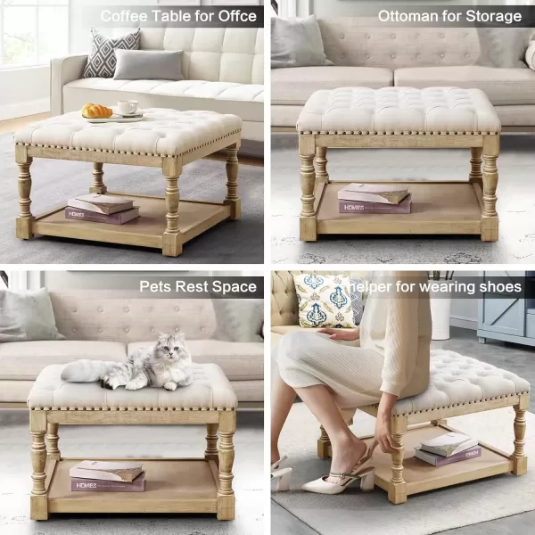 imageMERITLIFE Large Square Ottoman Coffee Table with Solid Wood Legs Tufted Upholstered Design Oversized Ottoman Footstool Ottoman Coffee Tables for Living Room GreyGary
