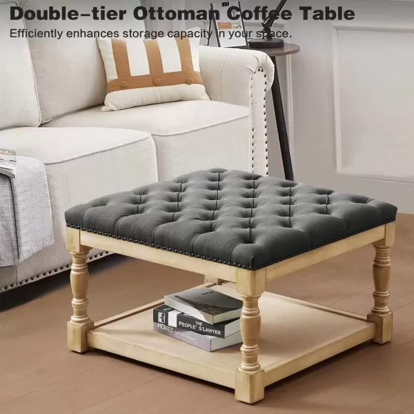 imageMERITLIFE Large Square Ottoman Coffee Table with Solid Wood Legs Tufted Upholstered Design Oversized Ottoman Footstool Ottoman Coffee Tables for Living Room GreyGary