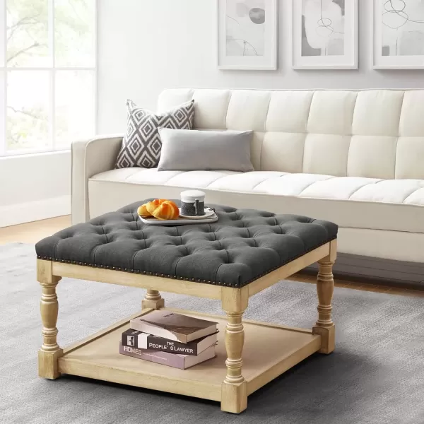imageMERITLIFE Large Square Ottoman Coffee Table with Solid Wood Legs Tufted Upholstered Design Oversized Ottoman Footstool Ottoman Coffee Tables for Living Room GreyGary