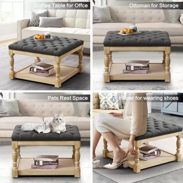 imageMERITLIFE Large Square Ottoman Coffee Table with Solid Wood Legs Tufted Upholstered Design Oversized Ottoman Footstool Ottoman Coffee Tables for Living Room GreyGary