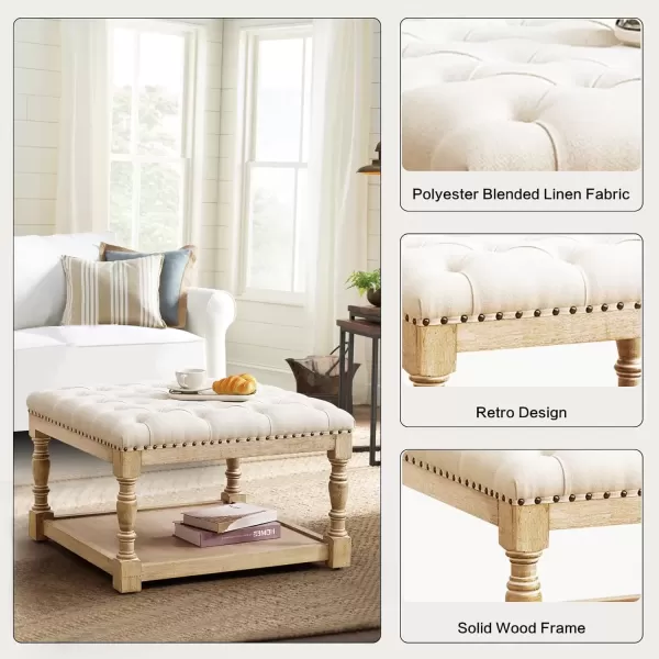 imageMERITLIFE Large Square Ottoman Coffee Table with Solid Wood Legs Tufted Upholstered Design Oversized Ottoman Footstool Ottoman Coffee Tables for Living Room GreyGary