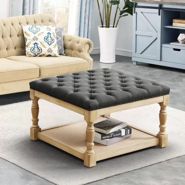 imageMERITLIFE Large Square Ottoman Coffee Table with Solid Wood Legs Tufted Upholstered Design Oversized Ottoman Footstool Ottoman Coffee Tables for Living Room GreyGary