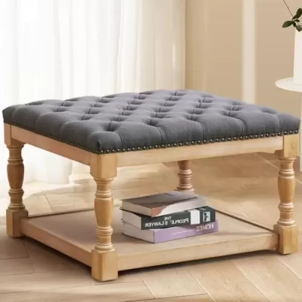 imageMERITLIFE Large Square Ottoman Coffee Table with Solid Wood Legs Tufted Upholstered Design Oversized Ottoman Footstool Ottoman Coffee Tables for Living Room GreyGary