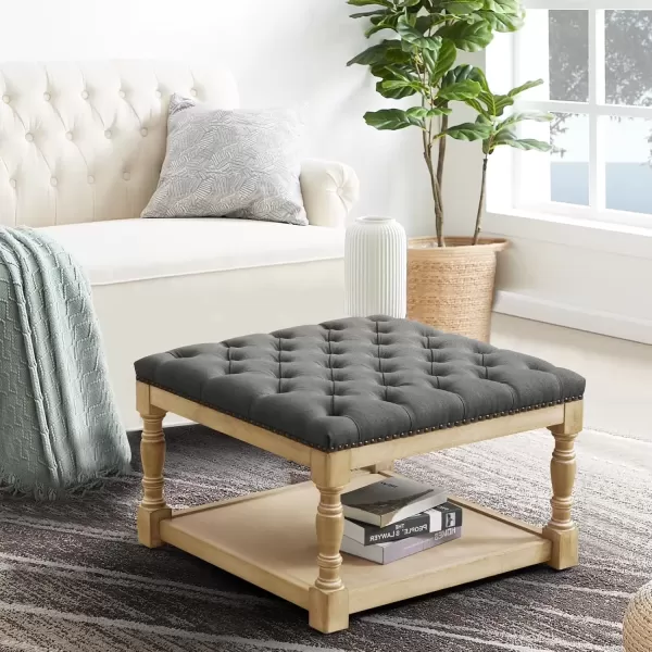 imageMERITLIFE Large Square Ottoman Coffee Table with Solid Wood Legs Tufted Upholstered Design Oversized Ottoman Footstool Ottoman Coffee Tables for Living Room GreyGary