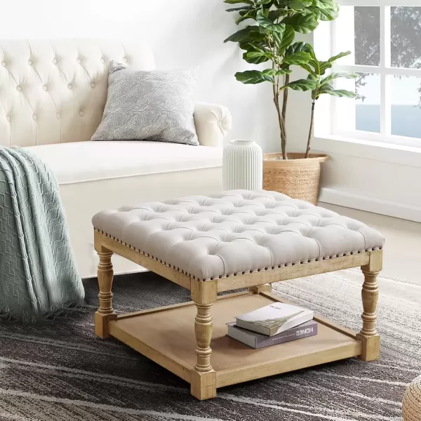 imageMERITLIFE Large Square Ottoman Coffee Table with Solid Wood Legs Tufted Upholstered Design Oversized Ottoman Footstool Ottoman Coffee Tables for Living Room GreyGary