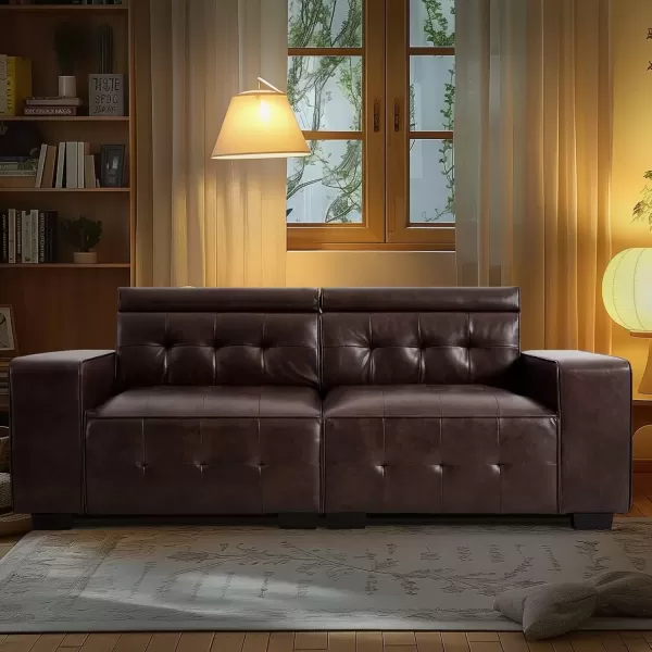 imageMERITLIFE Laurence Luxury 83quot PU Leather Couch Comfortable Thick Cushion Sofa Living Room Faux Leather Loveseat Sofa with Deep Seat ampamp Adjustable Headrest EasytoInstall Apartment Sofa Couch BrownBrown