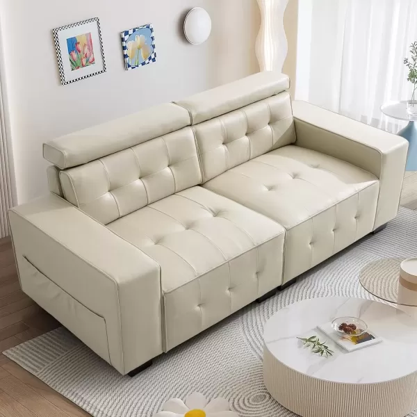 imageMERITLIFE Laurence Luxury 83quot PU Leather Couch Comfortable Thick Cushion Sofa Living Room Faux Leather Loveseat Sofa with Deep Seat ampamp Adjustable Headrest EasytoInstall Apartment Sofa Couch BrownBeige