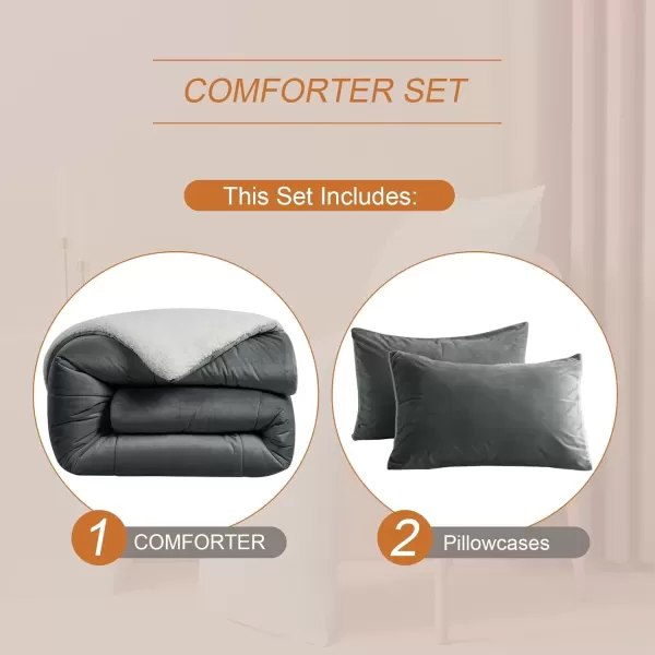 imageMicromink Sherpa Comforter Set 3 Piece Bed Set Queen Comforter Set DoubleSided Queen Size Breathable Fleece Down Alternative Comforter 2 Pillowcases Machine WashableCharcoal  White88quotx88quotCharcoal