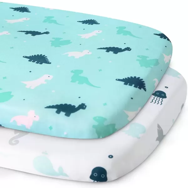 imagePack and Play Sheets Fitted Mini Crib Sheets 2 Pack Playard Sheets Compatible with Graco Pack n Play Ultra Soft Breathable Material DinosaursAqua