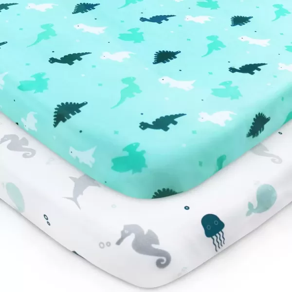 imagePack and Play Sheets Fitted Mini Crib Sheets 2 Pack Playard Sheets Compatible with Graco Pack n Play Ultra Soft Breathable Material DinosaursAqua