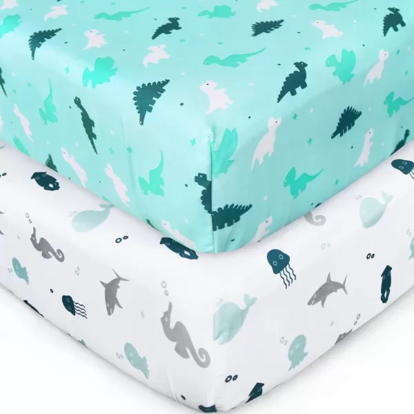 imagePack and Play Sheets Fitted Mini Crib Sheets 2 Pack Playard Sheets Compatible with Graco Pack n Play Ultra Soft Breathable Material DinosaursAqua