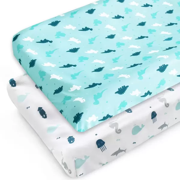 imagePack and Play Sheets Fitted Mini Crib Sheets 2 Pack Playard Sheets Compatible with Graco Pack n Play Ultra Soft Breathable Material DinosaursAqua