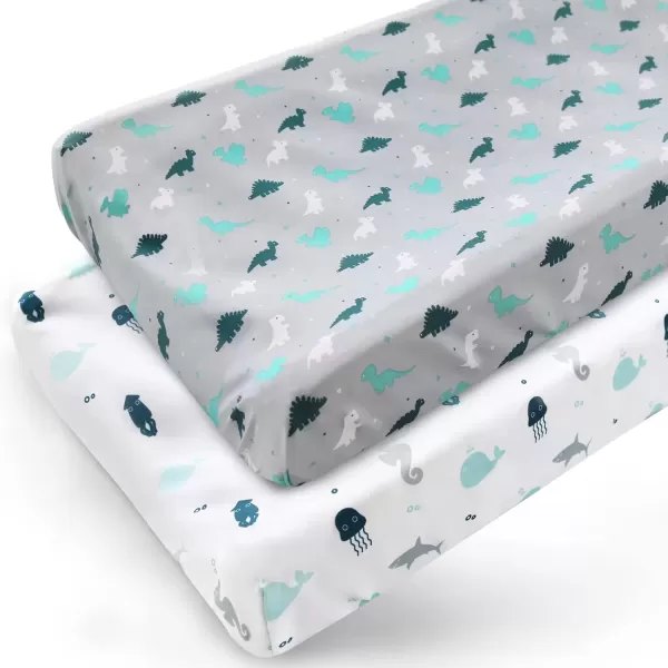imagePack and Play Sheets Fitted Mini Crib Sheets 2 Pack Playard Sheets Compatible with Graco Pack n Play Ultra Soft Breathable Material DinosaursGrey