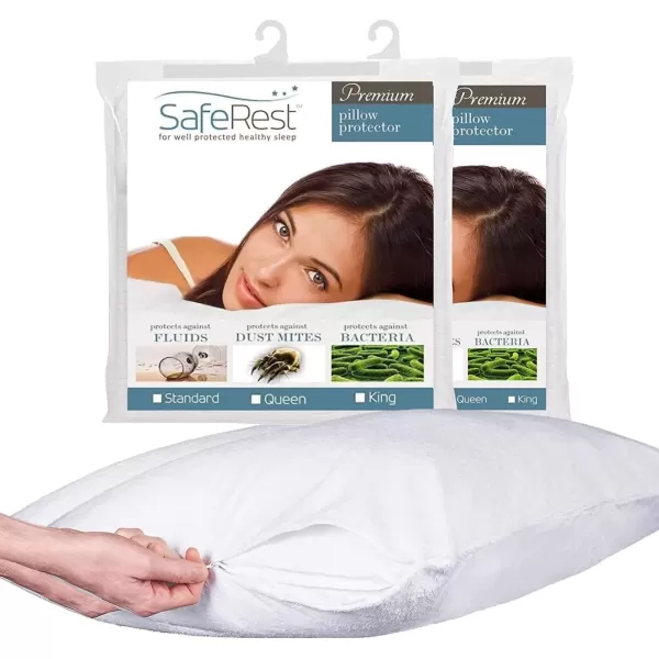 imageSafeRest Pillow Protector  Pack of 1  Standard Size Waterproof Pillow Cover  Zippered Pillow Encasement for College Dorm Room New Home First Apartment  Cotton Terry Waterproof BreathableKing 2Pack